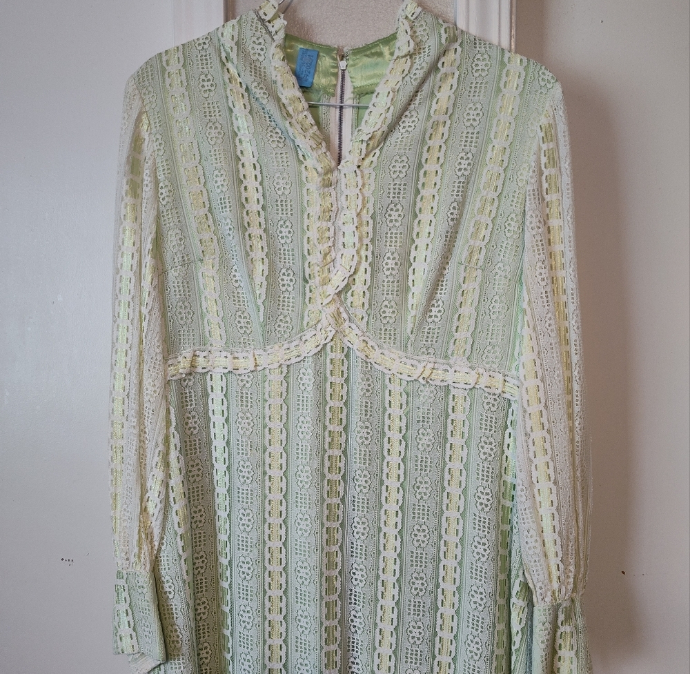 70's Handmade High Neck Vintage Lace Overlay Dress in Light Green and White